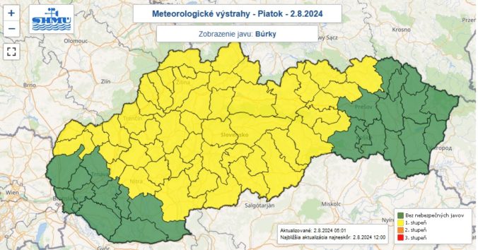 Výstraha prvého stupňa pred búrkami vydaná na piatok 2. augusta 2024.