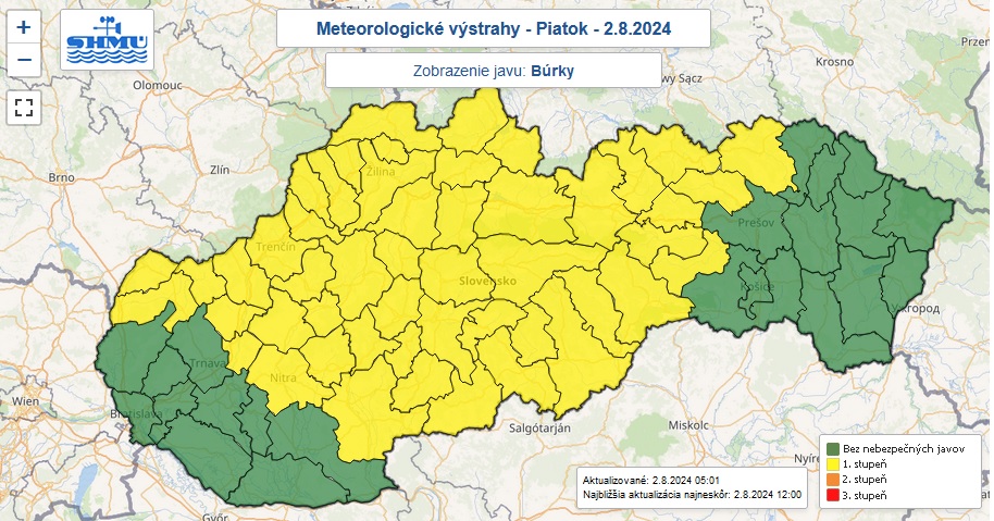 Výstraha prvého stupňa pred búrkami vydaná na piatok 2. augusta 2024.