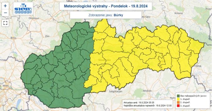 Výstraha prvého stupňa pred búrkami vydaná na pondelok 19. augusta 2024.