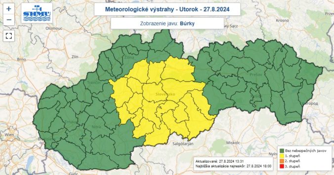 Výstraha prvého stupňa pred búrkami vydaná na utorok 27. augusta 2024.