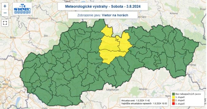 Výstraha prvého stupňa pred silným vetrom na horách vydaná na piatok 2. augusta 2024.