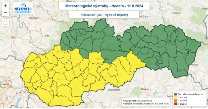 Výstraha prvého stupňa pred vysokými teplotami vydaná na nedeľu 11. augusta 2024.