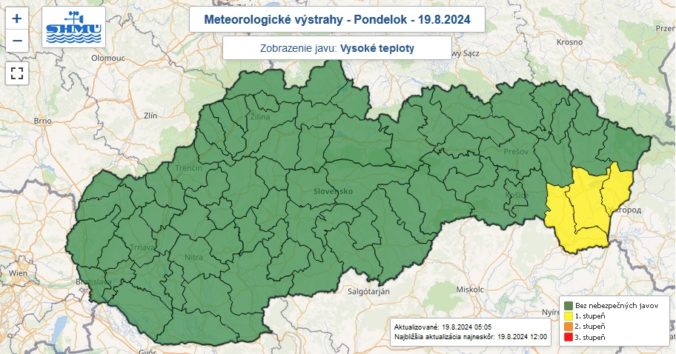 Výstraha prvého stupňa pred vysokými teplotami vydaná na pondelok 19. augusta 2024.