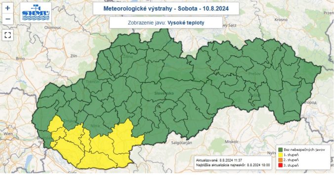 Výstraha prvého stupňa pred vysokými teplotami vydaná na sobotu 10. augusta 2024.