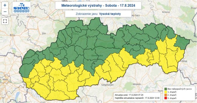 Výstraha prvého stupňa pred vysokými teplotami vydaná na sobotu 17. augusta 2024.