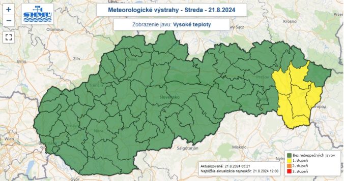 Výstraha prvého stupňa pred vysokými teplotami vydaná na stredu 21. augusta 2024.