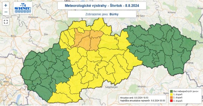 Výstrahy prvého a druhého stupňa pred búrkami na štvrtok 8. augusta 2024.