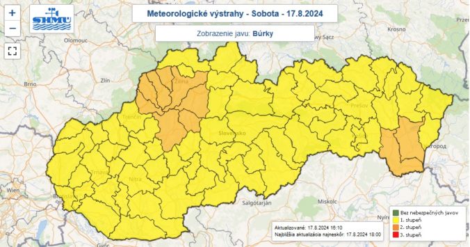 Výstrahy prvého a druhého stupňa pred búrkami vydané na sobotu 17. augusta 2024.