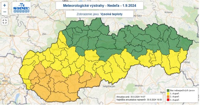 Výstrahy prvého a druhého stupňa pred vysokými teplotami vydané na nedeľu 1. septembra 2024.