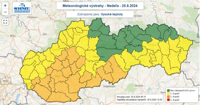 Výstrahy prvého a druhého stupňa pred vysokými teplotami vydané na nedeľu 25. augusta 2024.