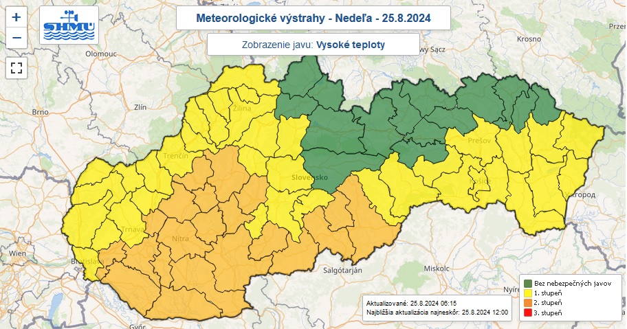 Výstrahy prvého a druhého stupňa pred vysokými teplotami vydané na nedeľu 25. augusta 2024.