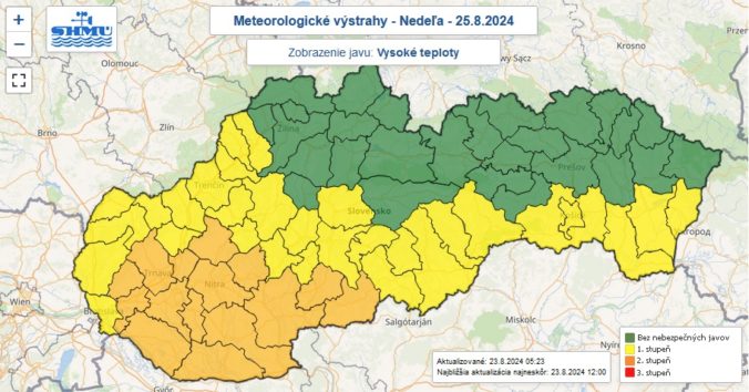 Výstrahy prvého a druhého stupňa pred vysokými teplotami vydané na nedeľu 25. augusta 2024.