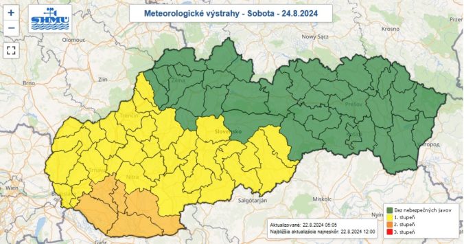 Výstrahy prvého a druhého stupňa pred vysokými teplotami vydané na sobotu 24. augusta 2024.