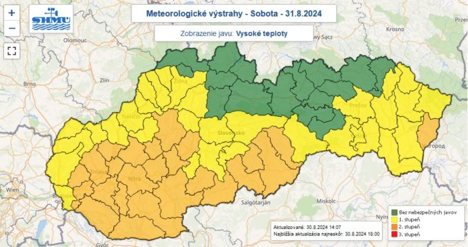 Výstrahy prvého a druhého stupňa pred vysokými teplotami vydané na sobotu 31. augusta 2024.