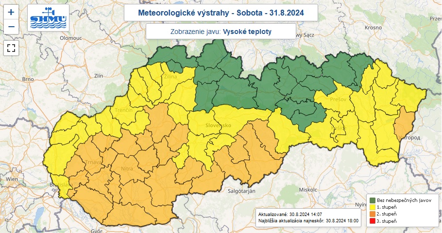 Výstrahy prvého a druhého stupňa pred vysokými teplotami vydané na sobotu 31. augusta 2024.