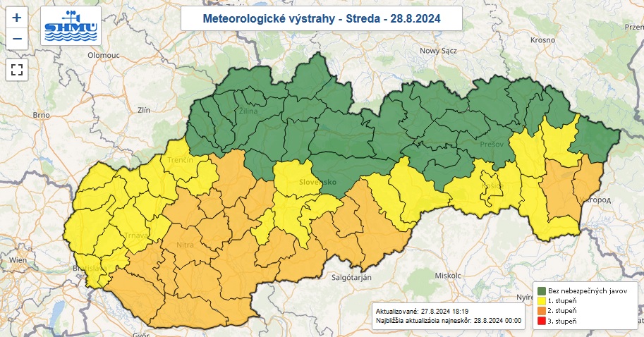 Výstrahy prvého a druhého stupňa pred vysokými teplotami vydané na stredu 28. augusta 2024.