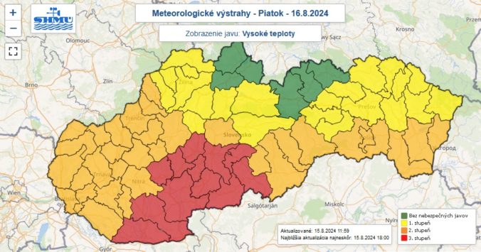 Výstrahy prvého, druhého a tretieho stupňa pred vysokými teplotami vydané na piatok 16. augusta 2024.