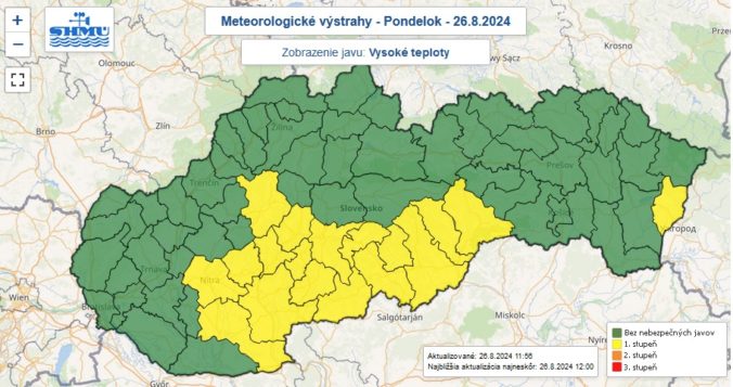 Zaktualizovaná výstraha prvého stupňa pred vysokými teplotami vydaná na pondelok 26. augusta 2024.