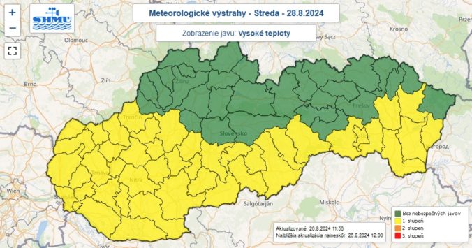 Zaktualizovaná výstraha prvého stupňa pred vysokými teplotami vydaná na stredu 28. augusta 2024.