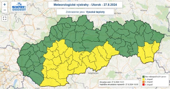 Zaktualizovaná výstraha prvého stupňa pred vysokými teplotami vydaná na utorok 27. augusta 2024.