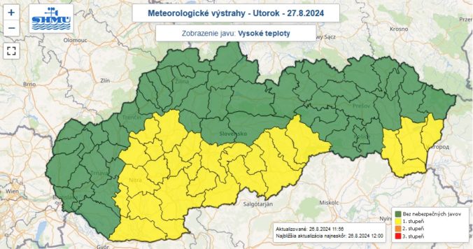 Zaktualizovaná výstraha prvého stupňa pred vysokými teplotami vydaná na utorok 27. augusta 2024.