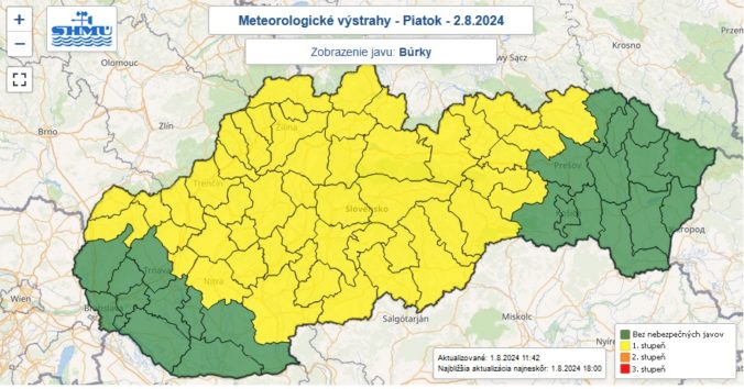 Zaktualizované výstraha prvého stupňa SHMÚ pred búrkami na piatok 2. augusta 2024.