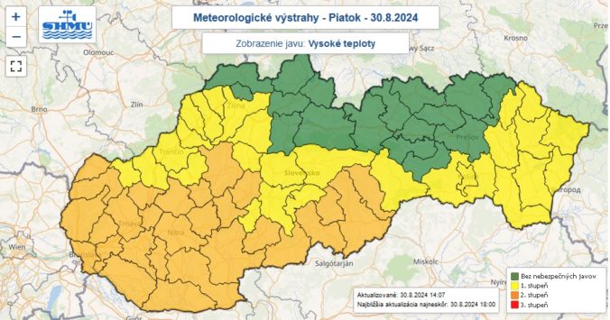 Zaktualizované výstrahy prvého a druhého stupňa pred vysokými teplotami vydané na piatok 30. augusta 2024.