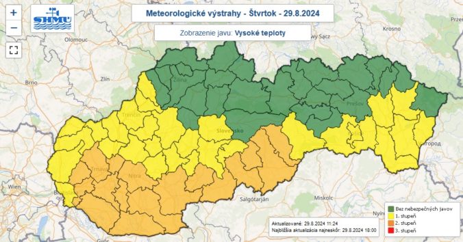 Zaktualizované výstrahy prvého a druhého stupňa pred vysokými teplotami vydané na štvrtok 29. augusta 2024.