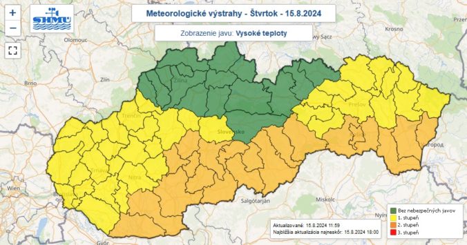 Zaktualizované výstrahy prvého a druhého stupňa vydané na štvrtok 15. augusta 2024.