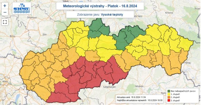 Zaktualizované výstrahy prvého, druhého aj tretieho stupňa pred vysokými teplovami na piatok 16. augusta 2024.