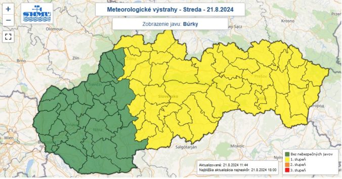 Zaktualizované výstrahy prvého stupňa pred búrkami vydané na stredu 21. augusta 2024.