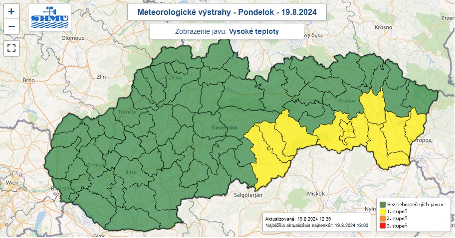 Zaktualizované výstrahy prvého stupňa pred vysokými teplotami vydané na pondelok 19. augusta 2024.
