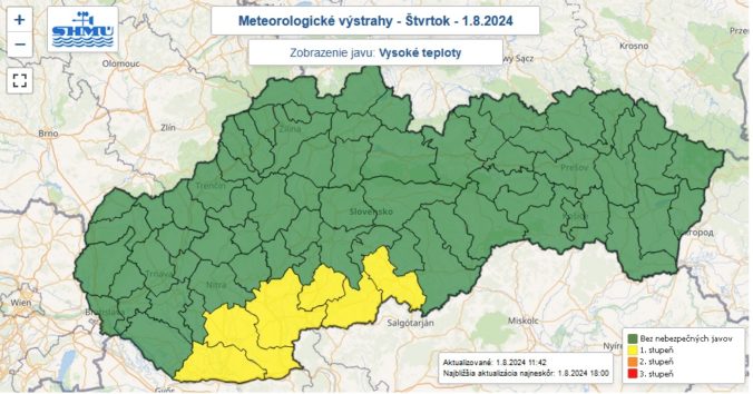 Zaktualizované výstrahy prvého stupňa SHMÚ pred vysokými teplotami vydané na štvrtok 1. augusta 2024.