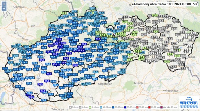 24 hodinový úhrn zrážok na Slovensku