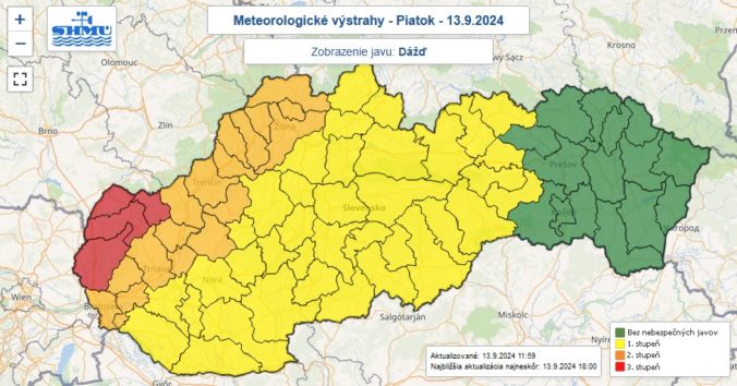 Aktuálne výstrahy prvého, druhého aj tretieho stupňa na piatok 13. septembra 2024.