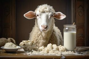 Sheep with sheep cheese and milk on the table