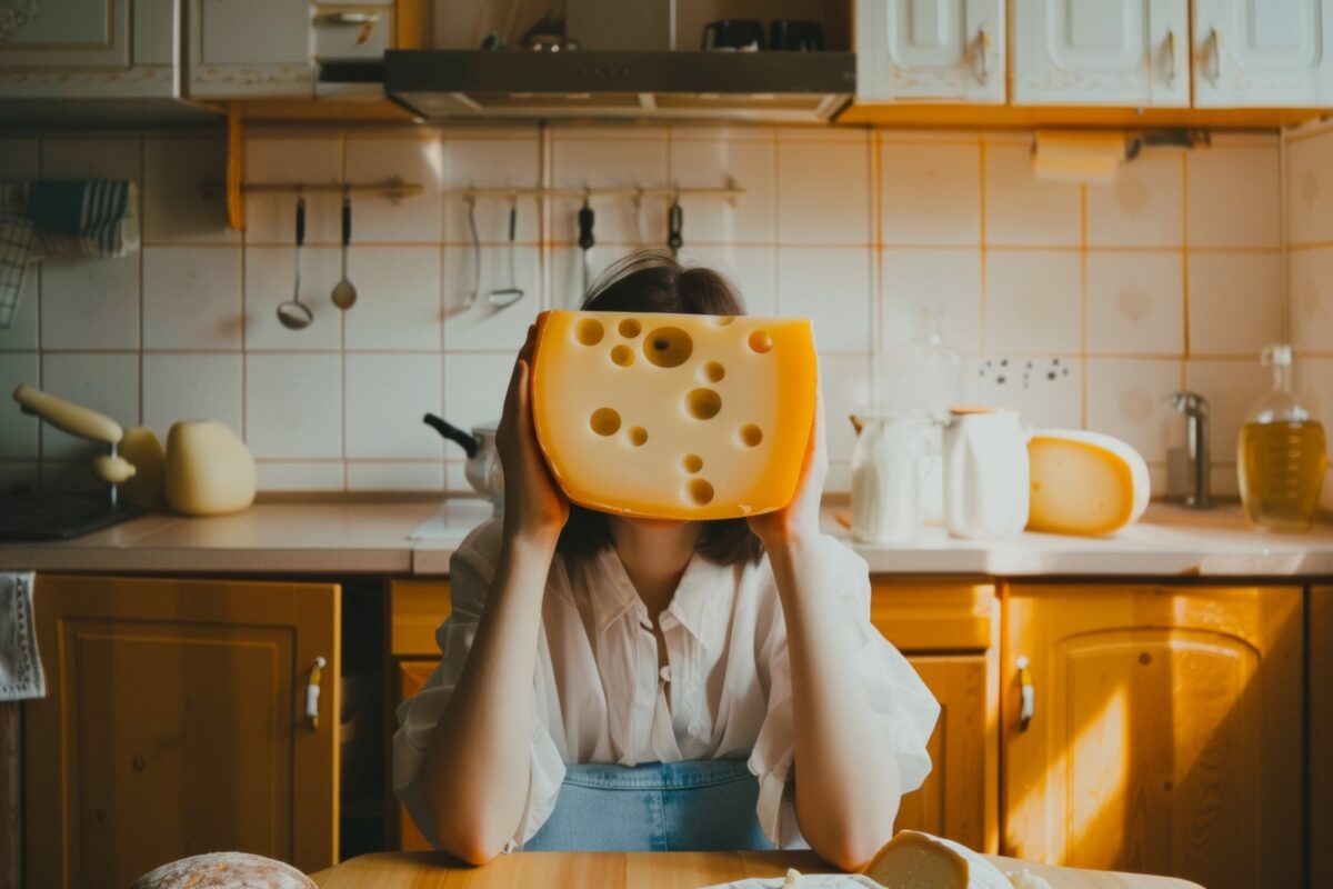 Surreal Morning in Farmhouse Kitchen with Young Woman Displaying Cheese Block for Head, Surrounded by Dairy in Bright, Natural Light