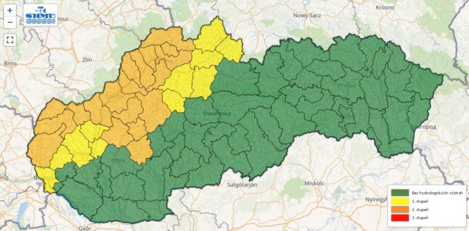 Hydrologické výstrahy prvého a druhého stupňa.