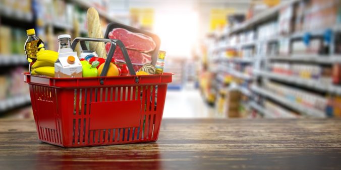 Shopping basket with fresh food. Grocery supermarket, food and e