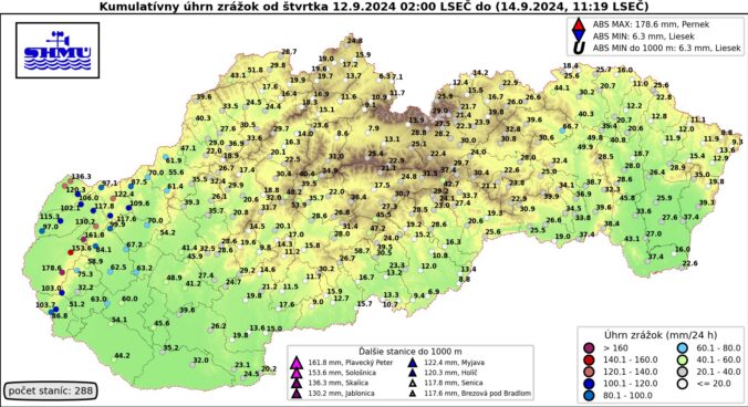 Kumulatívny úhrn zrážok od štvrtku 12. septembra