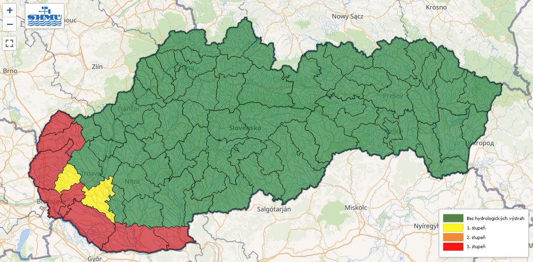 Platné hydrologické výstrahy prvého a tretieho stupňa na Slovensku - streda 18. september 2024.