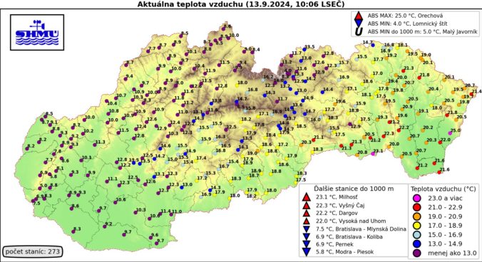 Teploty vzduchu v piatok 13. septembra 2024.