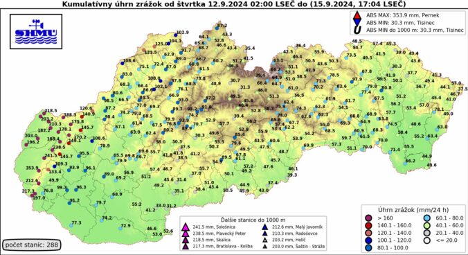 Úhrn zrážok na Slovensku od štvrtka do nedeľňajšieho podvečera.