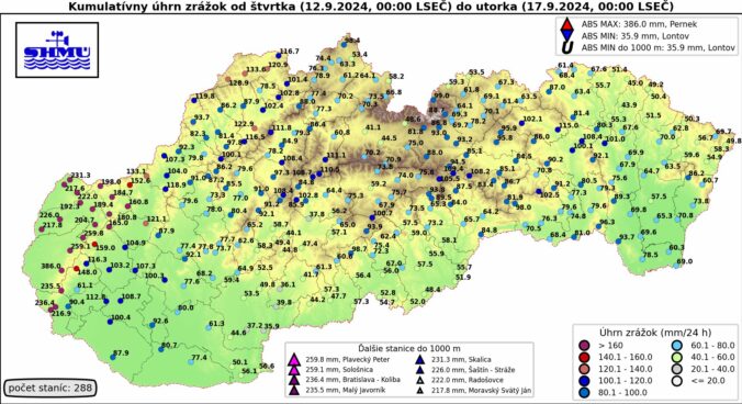 Úhrn zrážok na Slovensku za posledných päť dní