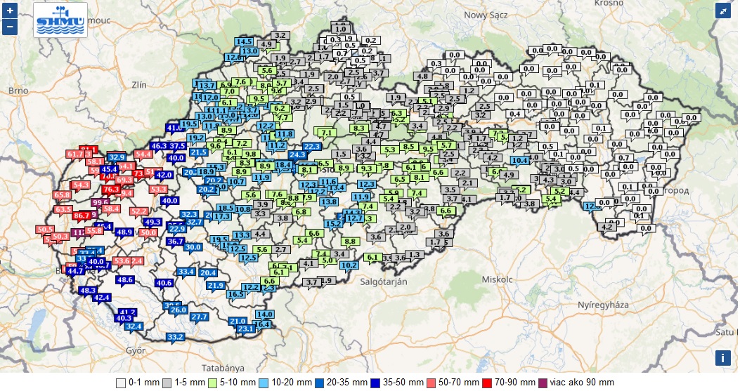 Úhrn zrážok za posledných 24 hodín - stav piatok 15.00