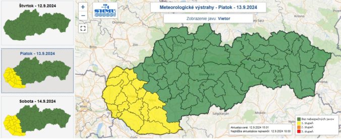 Varovanie prvého stupňa pred silným vetrom vydané na piatok a sobotu.