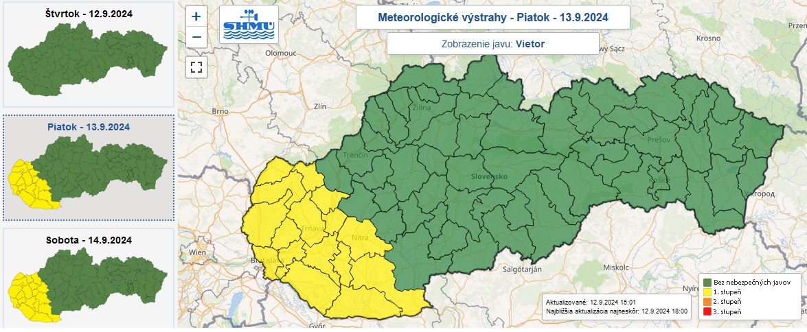 Varovanie prvého stupňa pred silným vetrom vydané na piatok a sobotu.