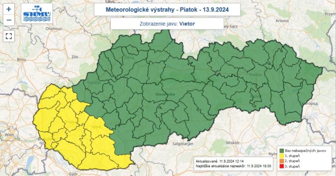 Výstraha prvého stupňa pred silným vetrom vydaná na piatok 13. septembra 2024.