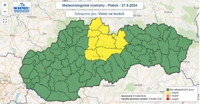 Výstraha prvého stupňa pred vetrom na horách vydaná na piatok 27. septembra 2024.