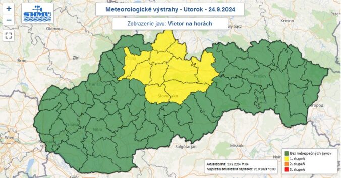 Výstraha prvého stupňa pred vetrom na horách vydaná na utorok 24. septembra 2024.